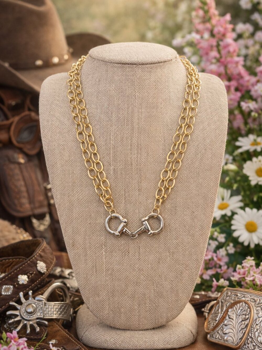 Two-Tone Snaffle Bit Necklace | Gold Chain & Silver Horse Bit Pendant |